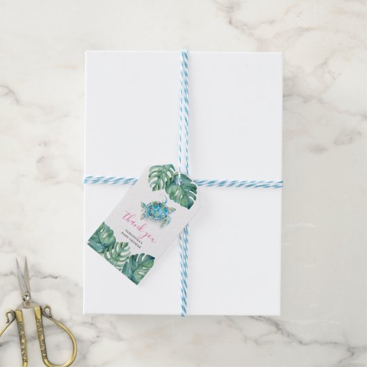 キュートな熱帯水色ウミガメのお願い ギフトタグ (より糸付き)