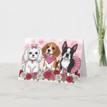 キュートな犬のトリオバラのバレンタインデーカード - ペットLOV
