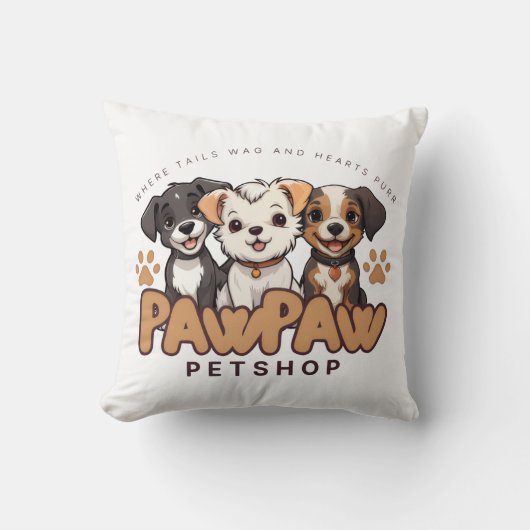 キュートな犬好きのためのスロー枕 "Paw Paw Pet Shop" クッション (正面)