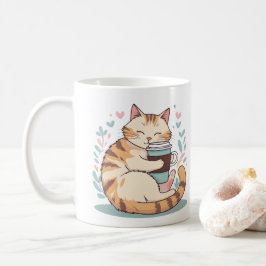 キュートな猫がコーヒーカップを抱えるデザインのマグカップ | 遊び心あふれるマグ コーヒーマグカップ