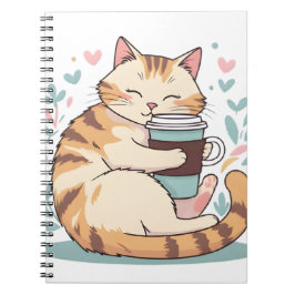 キュートな猫がコーヒーカップを抱える | 遊び心のあるスパイラルノート ノートブック
