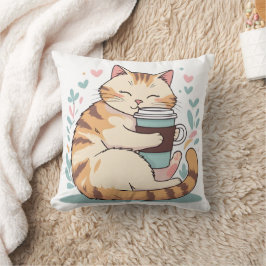キュートな猫がコーヒーカップを抱える | 遊び心のあるスロー枕 クッション