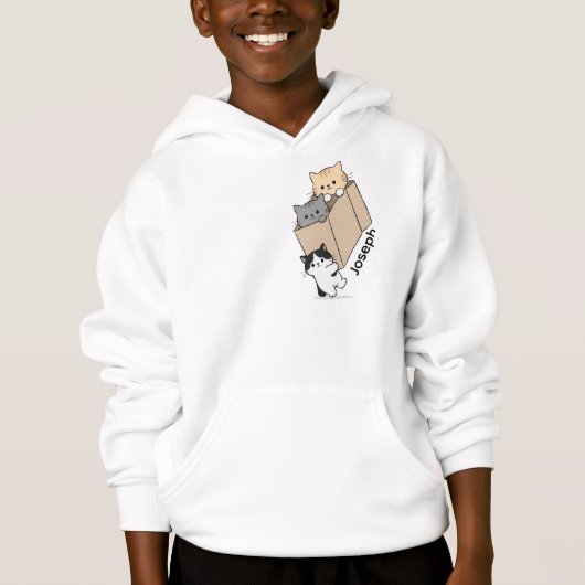 キュートな猫が箱に座っているデザインのフーディーTシャツ (正面)