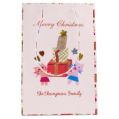 キュートな猫とプレゼントベビーピンクのクリスマス ミディアムペーパーバッグ (正面)