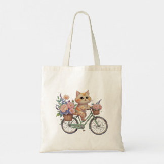 キュートな猫のトートバッグ - 花柄自転車デザイン トートバッグ