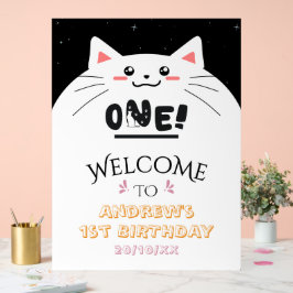 キュートな猫のフレームと輝く星の1歳の誕生日ウェルカムボード アクリルサイン