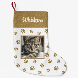 キュートな猫の名前の写真 ゴールドラメ 肉球プリント スモールクリスマスストッキング