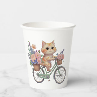 キュートな猫の紙コップ - 花柄自転車パーティーデザイン 紙コップ