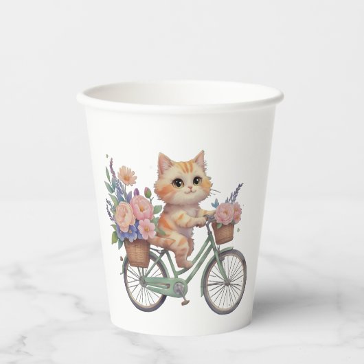 キュートな猫の紙コップ - 花柄自転車パーティーデザイン 紙コップ (正面)