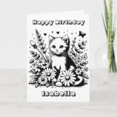 キュートな猫をテーマにしたカラーリングページガール誕生日 カード (正面)