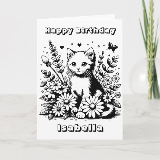 キュートな猫をテーマにしたカラーリングページガール誕生日 カード (正面)