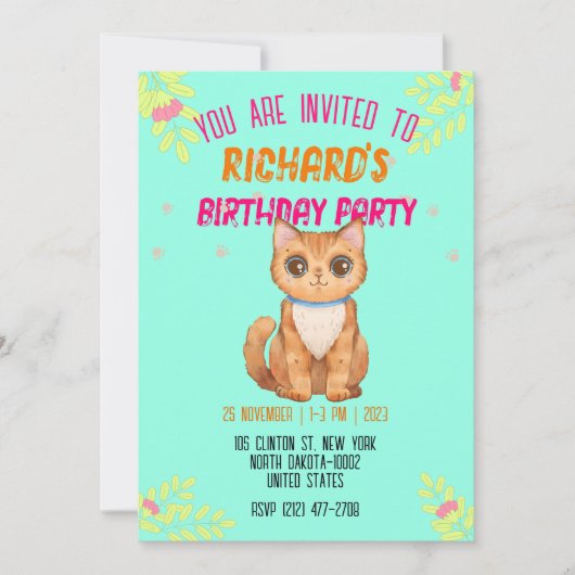 キュートな猫キッテンをテーマにした子どもの誕生日パーティーInvita 招待状 (正面)