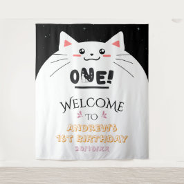キュートな猫フレームと輝く星の1歳の誕生日 タペストリー