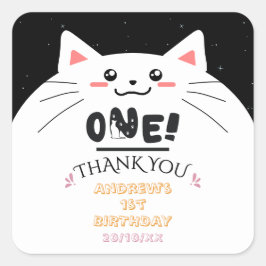 キュートな猫フレームと輝く星 初めての誕生日 スクエアシール