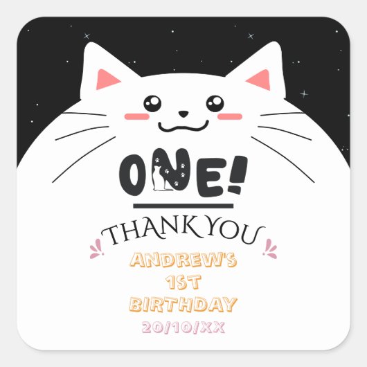 キュートな猫フレームと輝く星 初めての誕生日 スクエアシール (正面)