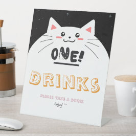 キュートな猫フレームと輝く星 1歳の誕生日ドリンク 台座サイン