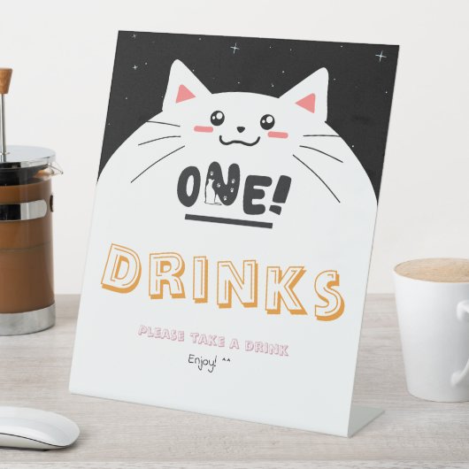 キュートな猫フレームと輝く星 1歳の誕生日ドリンク 台座サイン (インサイチュ)