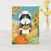 キュートな猫巡礼感謝祭ターキーカード カード (黄色い花)
