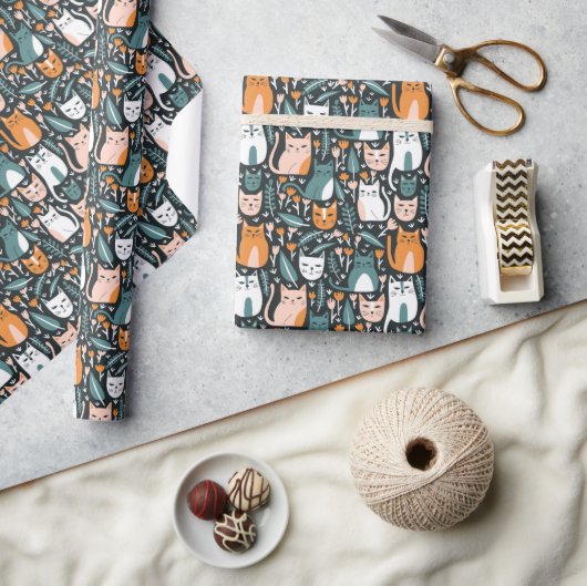 キュートな猫植物花パターギフトカラフル|過去記事 ラッピングペーパー (クラフト)