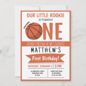 キュートな現代バスケットボールリボンキッズ1st誕生日 招待状 (正面)