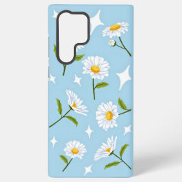 キュートな白いデイジーの花が輝くベイビーブルー SAMSUNG GALAXY S22 ULTRAケース