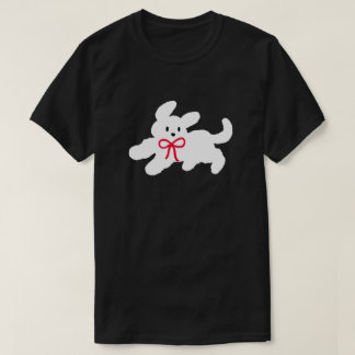 キュートな白い子犬と赤いリボンのコケット風デザイン Tシャツ