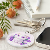 キュートな白ふわふわのペルシャ猫と朝顔 キーホルダー (正面右)