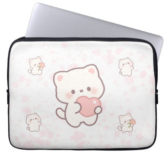 キュートな白猫のパターン – かわいいハートとお花 ラップトップスリーブ