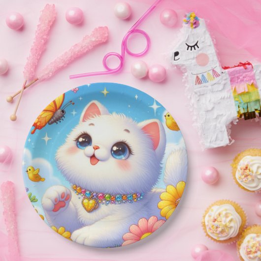 キュートな白猫バタフライ ペーパープレート (パーティー)