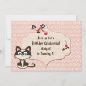 キュートな白黒キティ猫オンピンク誕生日 招待状 (正面)