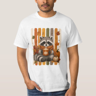 キュートな秋のアライグマ コーヒー好きTシャツ | あったか秋 Tシャツ