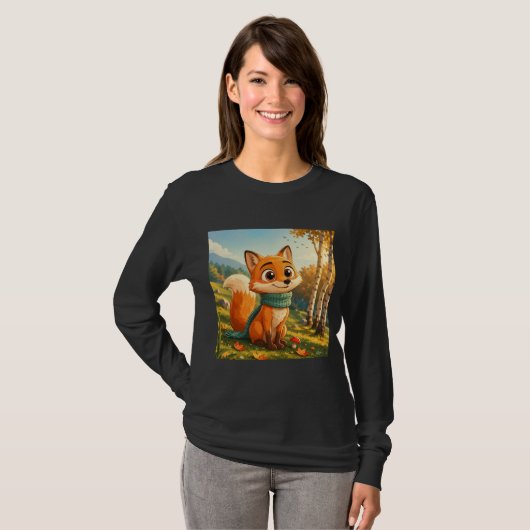キュートな秋の狐マフラー長袖 Tシャツ (正面フル)