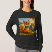 キュートな秋の狐マフラー長袖 Tシャツ (正面)