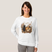 キュートな秋の花とカボチャのハロウィン猫魔女 Tシャツ (正面フル)