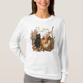 キュートな秋の花とカボチャのハロウィン猫魔女 Tシャツ