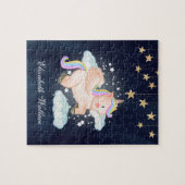 キュートな空飛ぶユニコーンの夜空 ネイビーブルー 名前入り ジグソーパズル (横)