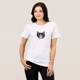キュートな笑顔の猫の顔のミニマルデザインの女性用Tシャツ トライブレンドＴシャツ