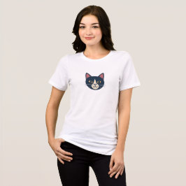 キュートな笑顔の猫の顔のミニマルデザインの女性用Tシャツ トライブレンドTシャツ