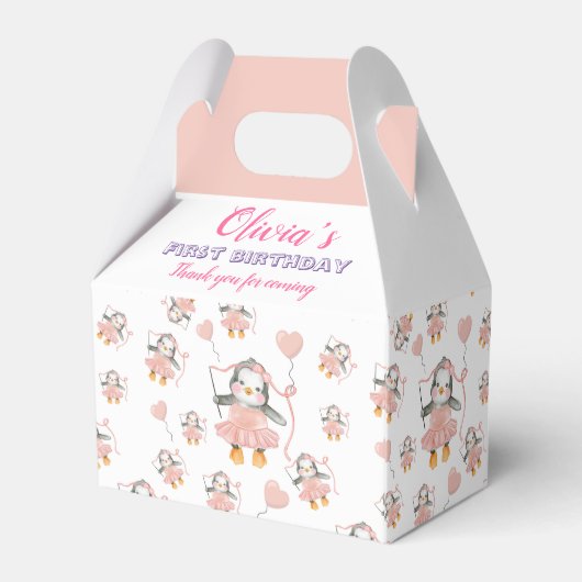 キュートな第1バースデーペンギンバレリーナピンクパーティー フェイバーボックス (裏面サイド)