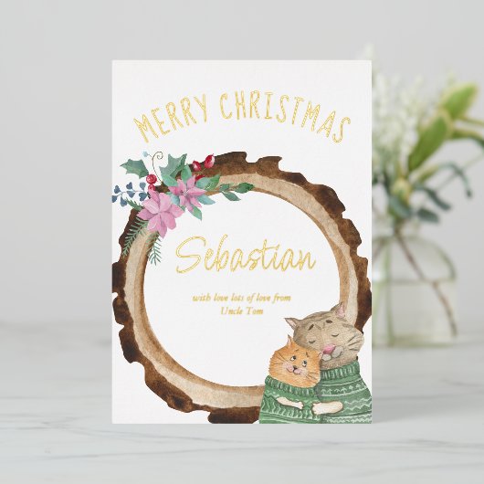 キュートな素朴クリスマスキャッツウッドフレーム金箔 箔シーズンカード (立ち正面)