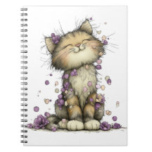 キュートな紫の花柄の猫スパイラルノートブック、ファンタジーな
