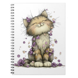 キュートな紫の花柄の猫スパイラルノートブック、ファンタジーな ノートブック