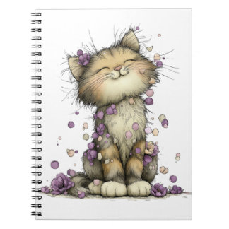 キュートな紫の花柄の猫スパイラルノートブック、ファンタジーな ノートブック