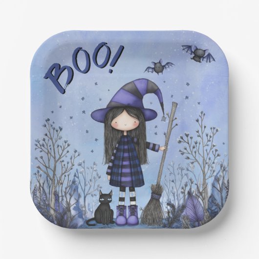 キュートな紫の魔女の子供たちのハロウィン ペーパープレート (正面)