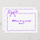 キュートな紫色のリボンボウメイド・オブ・オーナー（花嫁付き添い人）提案 招待状 (正面/裏面)