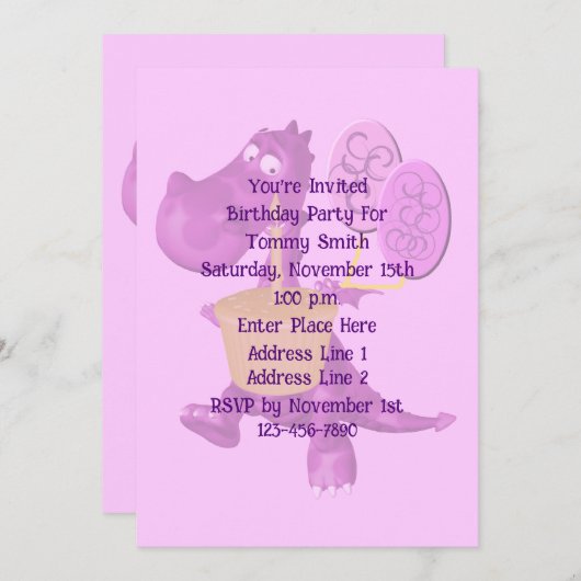 キュートな紫色の恐竜の誕生日パーティー 招待状 (正面/裏面)