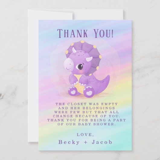 キュートな紫色の恐竜の赤ちゃんシャワーサンキューカード サンキューカード (正面)