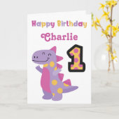 キュートな紫色の恐竜1位の誕生日カード カード (黄色い花)