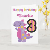 キュートな紫色の恐竜3rdバースデーカード カード (黄色い花)