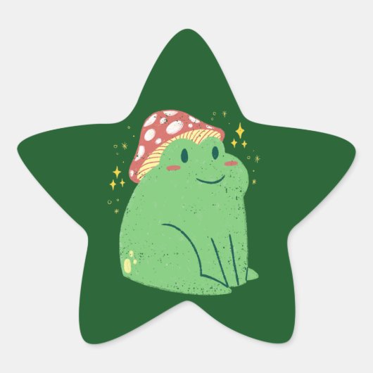 キュートな緑のカエルとキノコの帽子 星シール (正面)